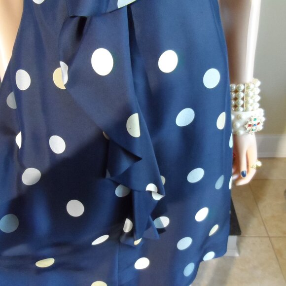 Kate Spade Navy Blue Multi Polka Dot Belted A Line Dress w/Front Ruffle Size 0 - Picture 10 of 16